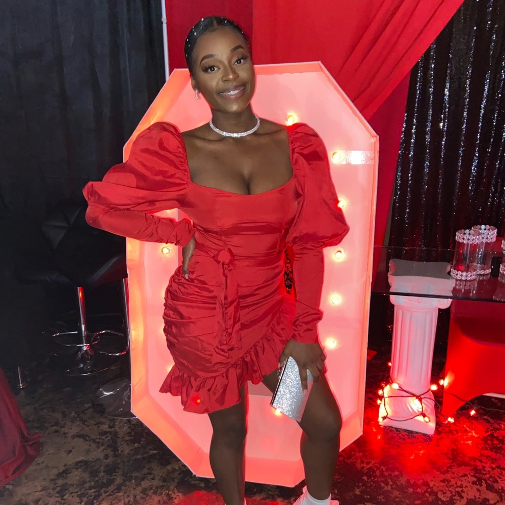 Red Puff Sleeve Ruched Dress